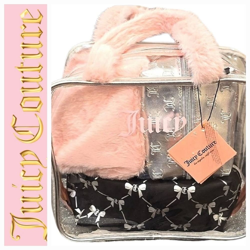 Juicy Couture 4-PC Silver Foiled & Pink Plush Logo‎ Travel Cosmetic Bags